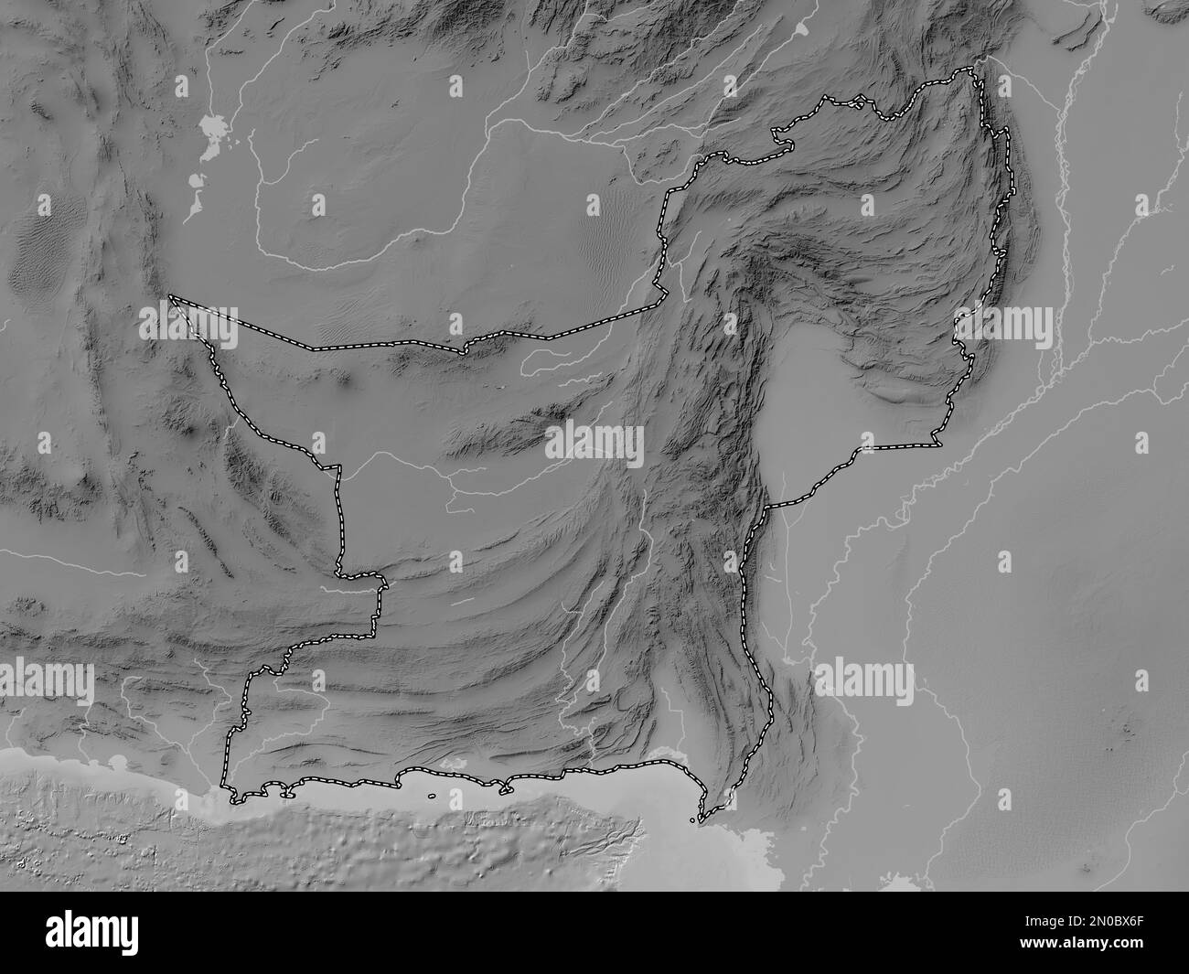 Baluchistan, province of Pakistan. Grayscale elevation map with lakes and rivers Stock Photo