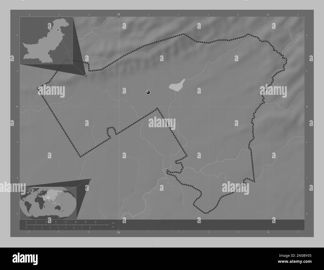 Islamabad Capital Territory, capital territory of Pakistan. Grayscale elevation map with lakes and rivers. Corner auxiliary location maps Stock Photo