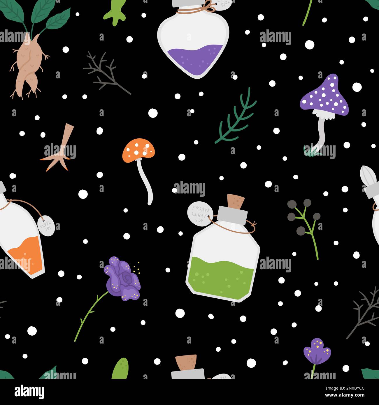 Seamless pattern with cute vector witchcraft elements. Digital paper with magic potion making objects. Halloween icons background. Funny autumn all sa Stock Vector