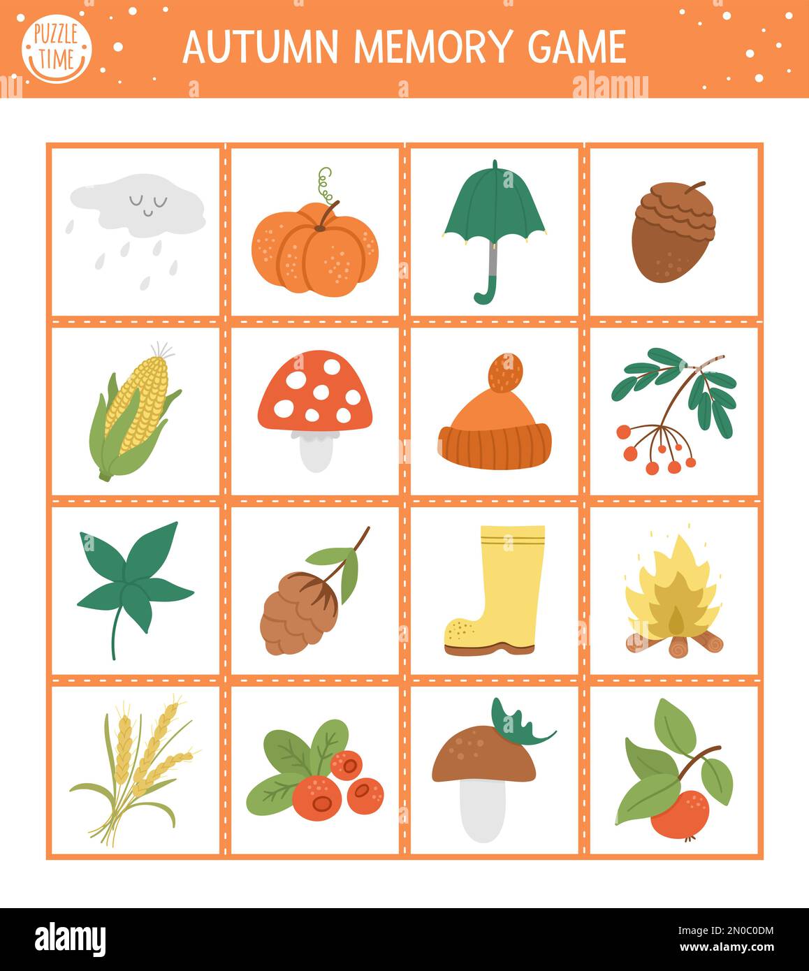 Autumn memory game cards with cute fall season objects. Matching activity with funny characters. Remember and find correct picture card. Simple forest Stock Vector