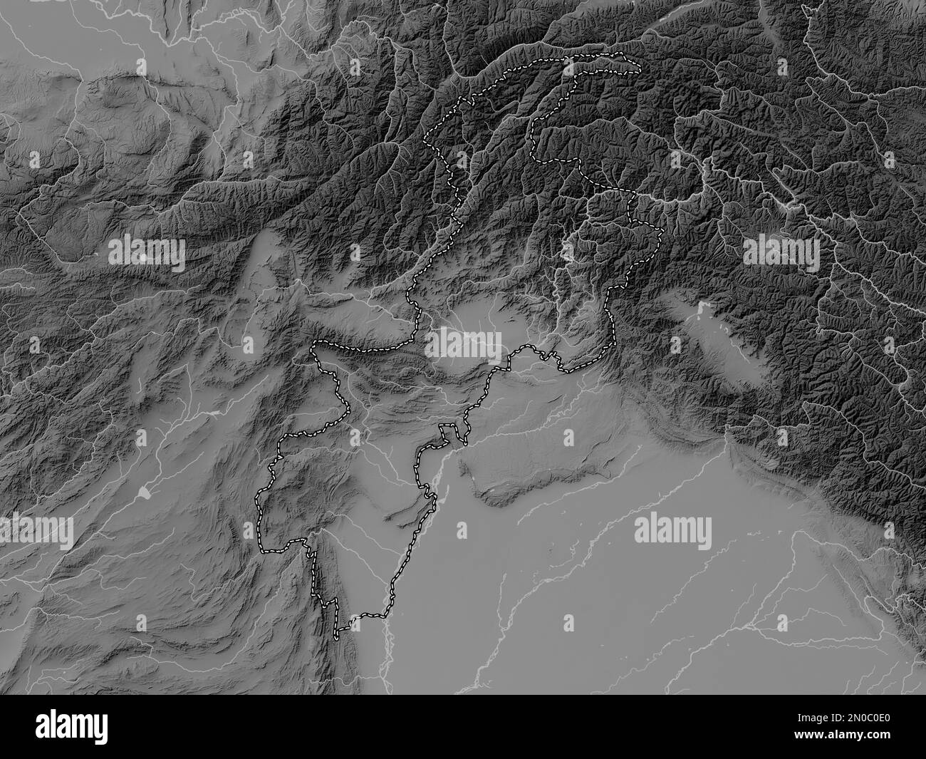 Khyber Pakhtunkhwa, province of Pakistan. Grayscale elevation map with lakes and rivers Stock Photo