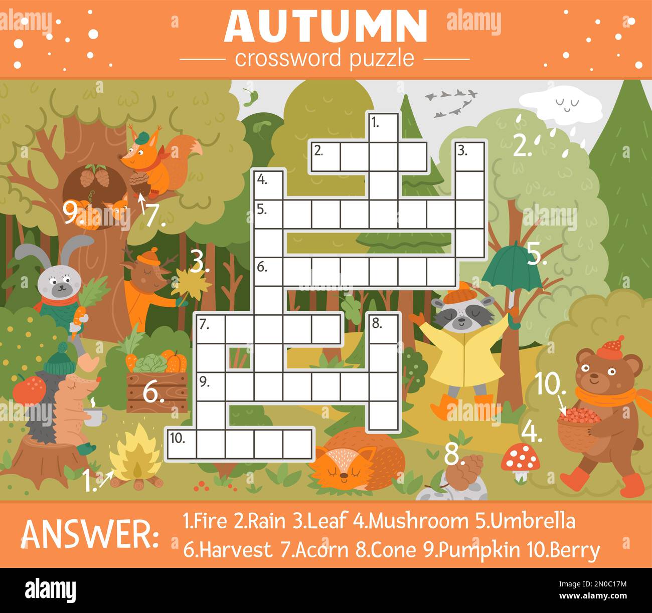 Vector fall season crossword puzzle for kids. Simple quiz with autumn forest objects for children. Educational activity with cute funny woodland anima Stock Vector