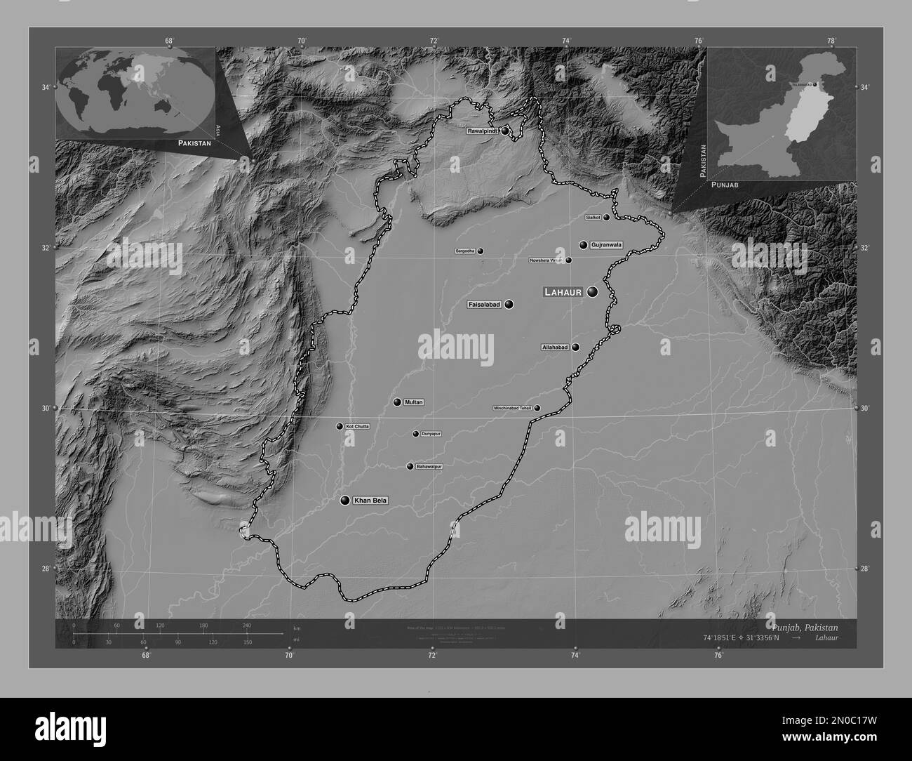 Pakistan Rivers Map Live Punjab, province of Pakistan. Bilevel elevation map with lakes and ...