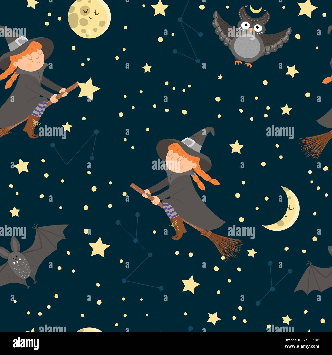 Vector seamless pattern with witch flying on the broom, moon, stars ...