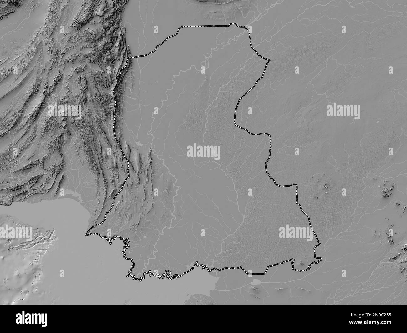 Sind, province of Pakistan. Bilevel elevation map with lakes and rivers