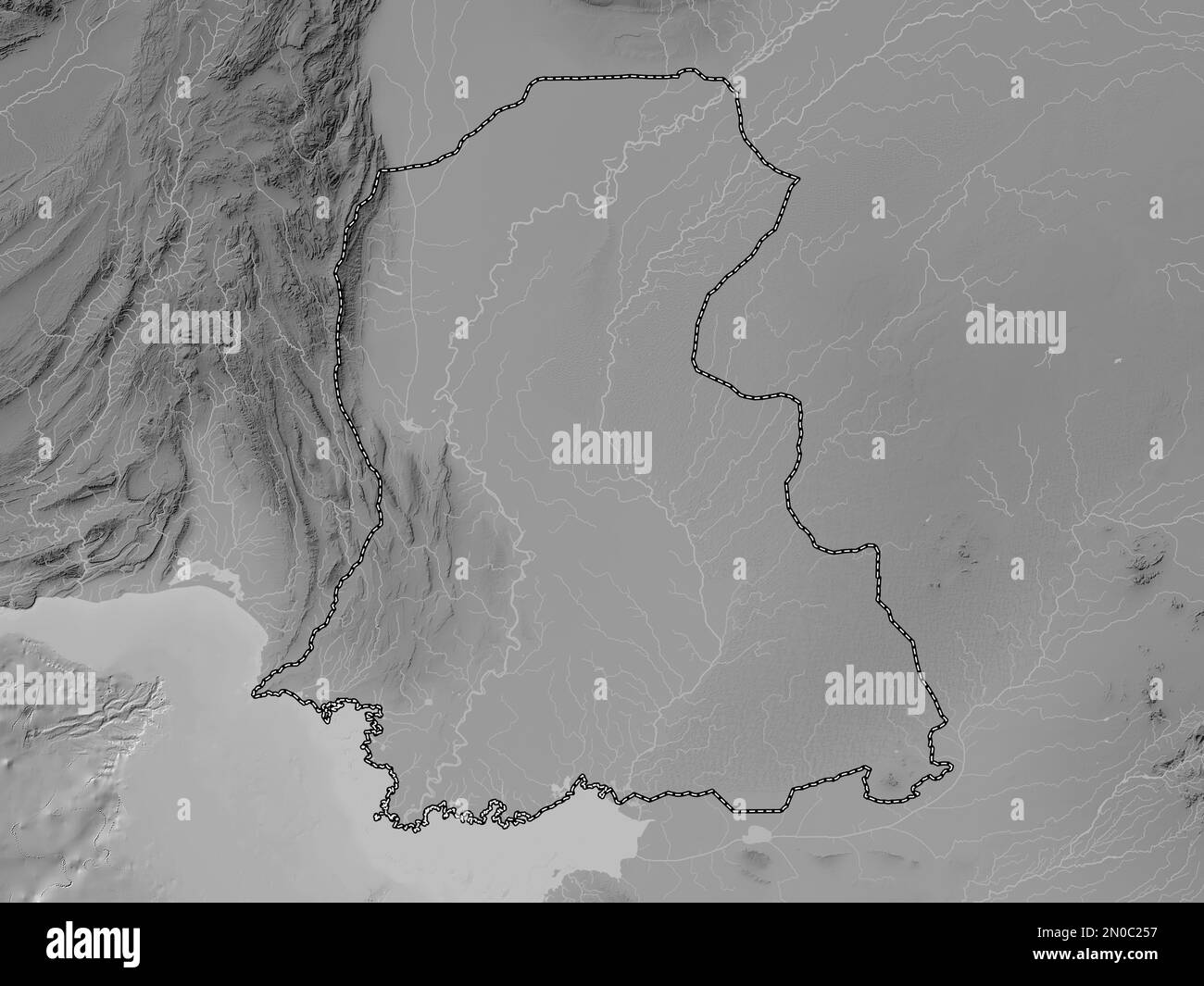 Sind, province of Pakistan. Grayscale elevation map with lakes and rivers Stock Photo