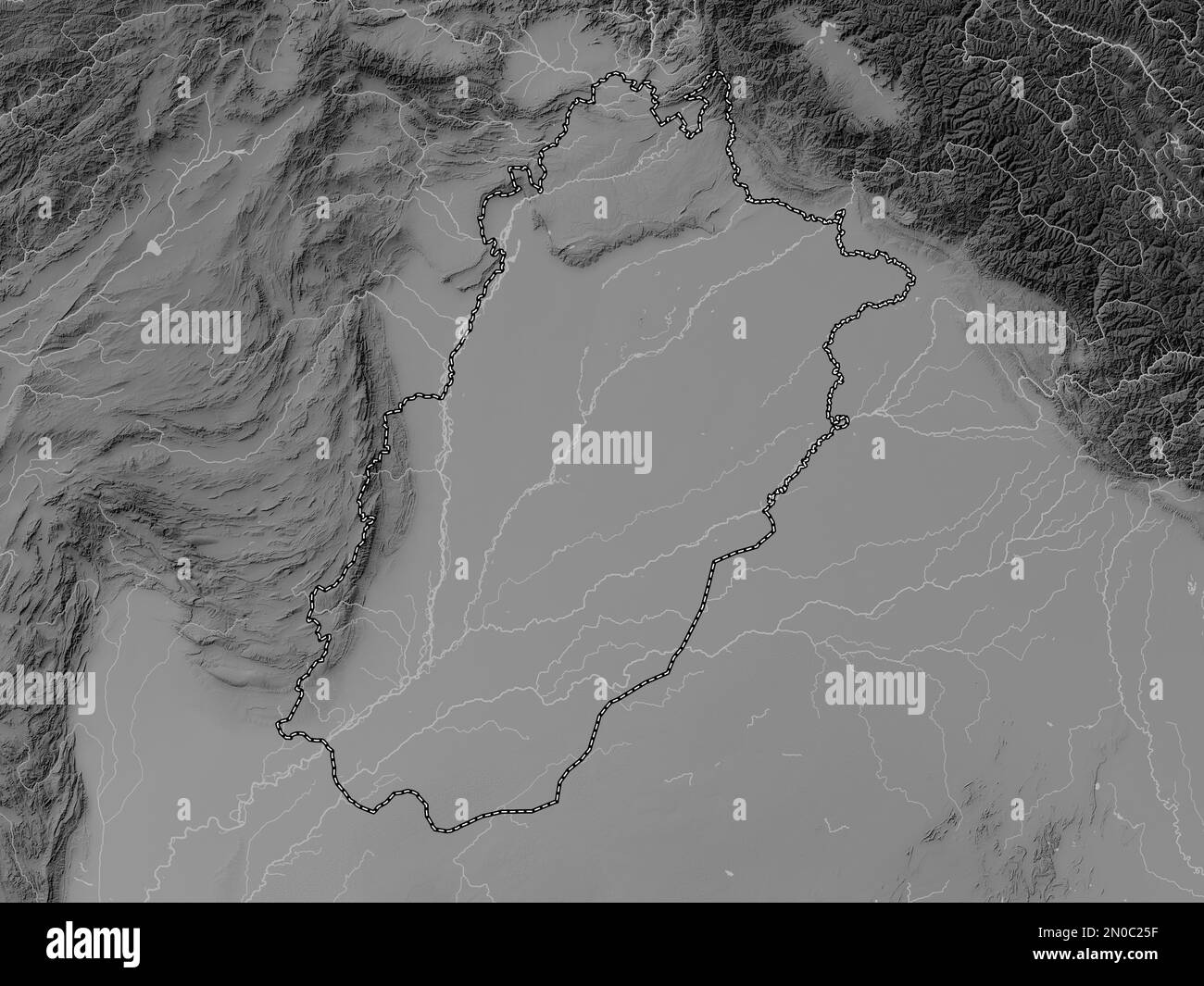 Punjab, province of Pakistan. Grayscale elevation map with lakes and rivers Stock Photo