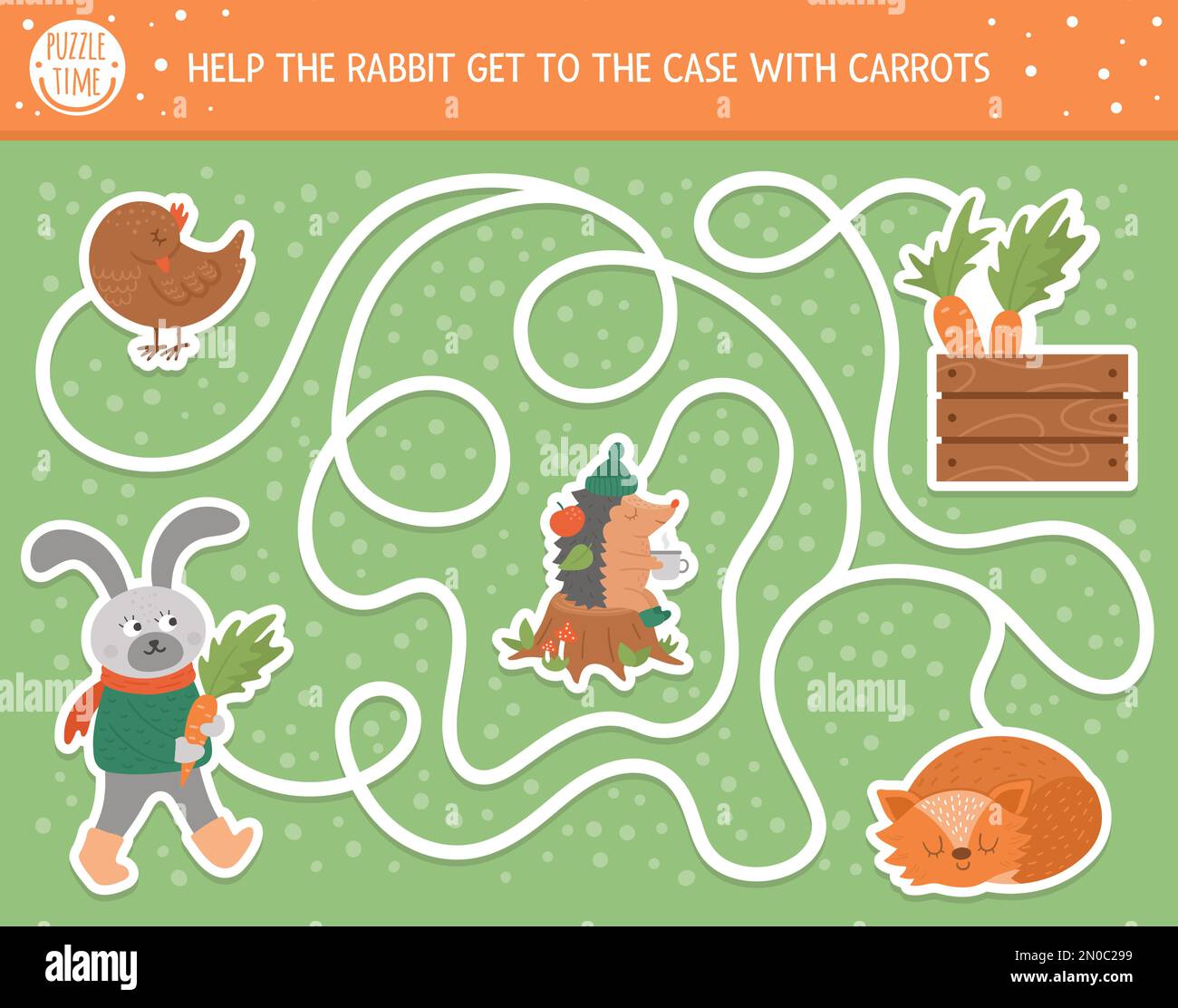 Autumn maze for children. Preschool printable educational activity. Funny fall season puzzle with cute woodland animal. Help the rabbit get to the cas Stock Vector