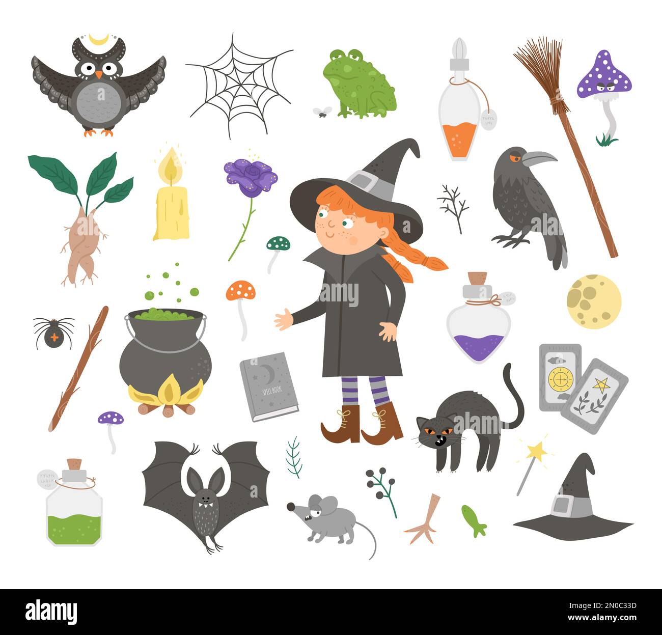 Set of cute vector witchcraft elements and witch. Halloween icons collection. Funny autumn all saints eve illustration with girl, black cat, spell boo Stock Vector