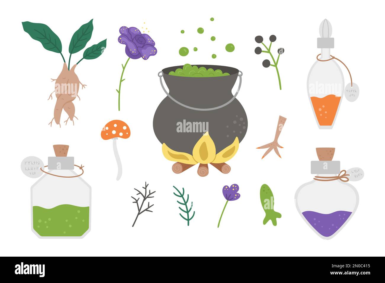 Set of cute vector witchcraft elements. Magic potion making objects. Halloween icons collection. Funny autumn all saints eve illustration with cauldro Stock Vector