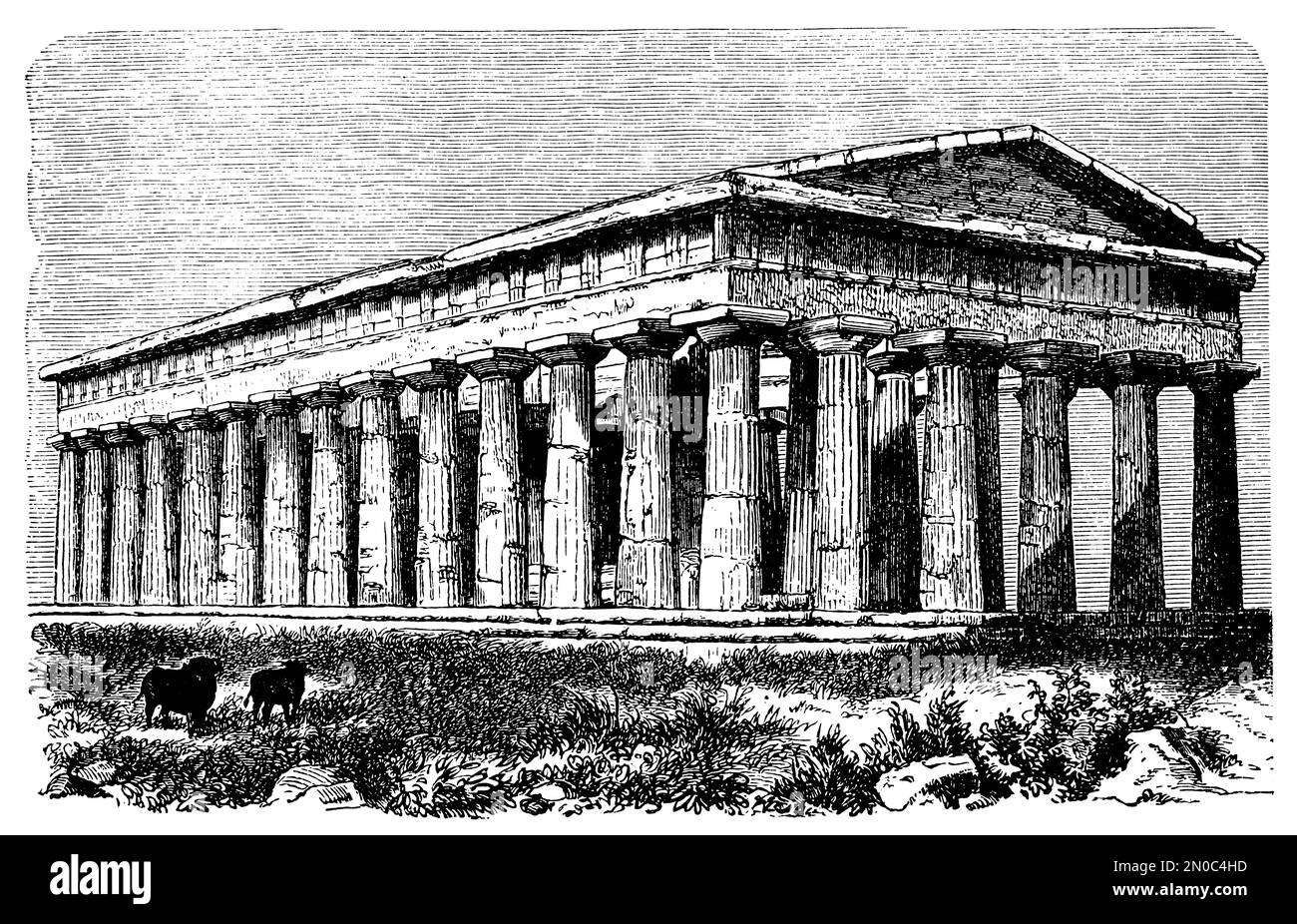 Antique engraving of the Temple of Neptune in Paestum, Italy (isolated on white). Published in Systematischer Bilder-Atlas zum Conversations-Lexikon, Stock Photo