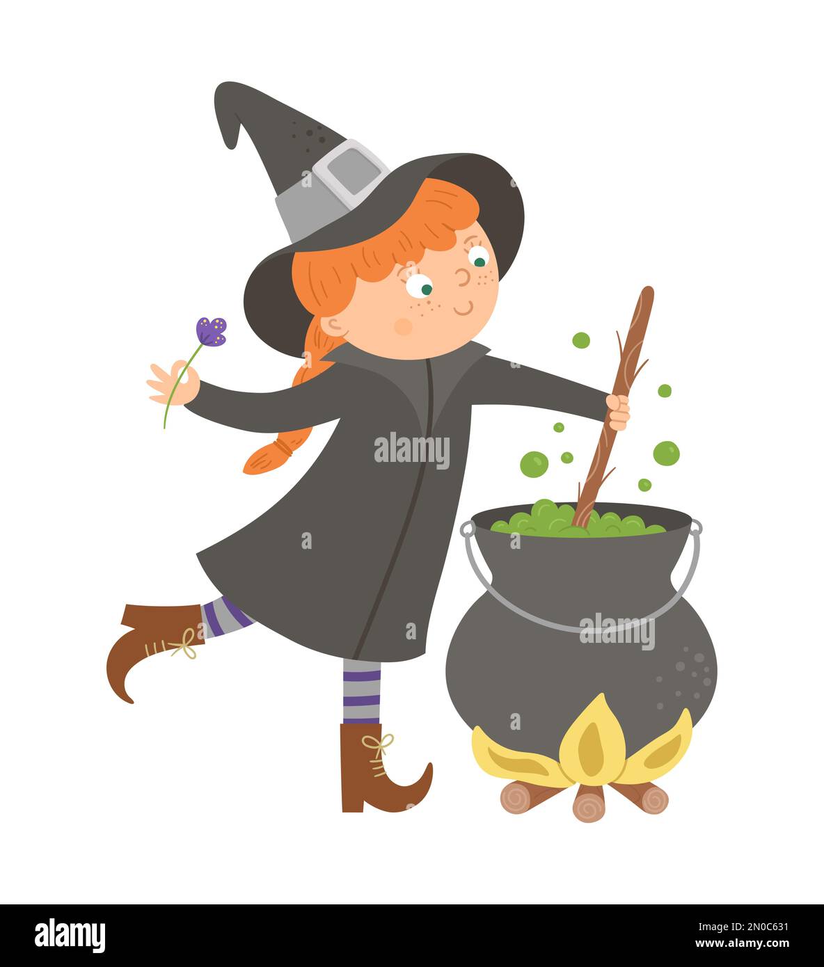Cute vector witch. Halloween character icon. Funny autumn all saints eve  illustration with girl preparing green potion in cauldron. Samhain party  sign Stock Vector Image & Art - Alamy