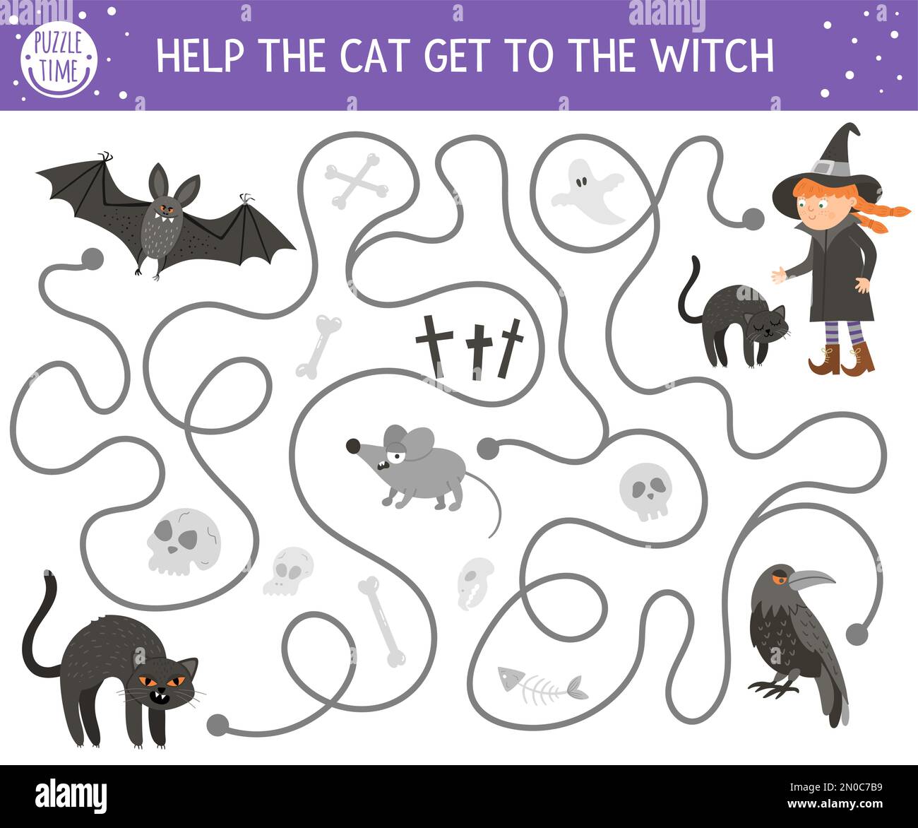 Halloween maze for children. Autumn preschool printable educational activity. Funny day of the dead game or puzzle with black kitten, bat, mouse. Help Stock Vector