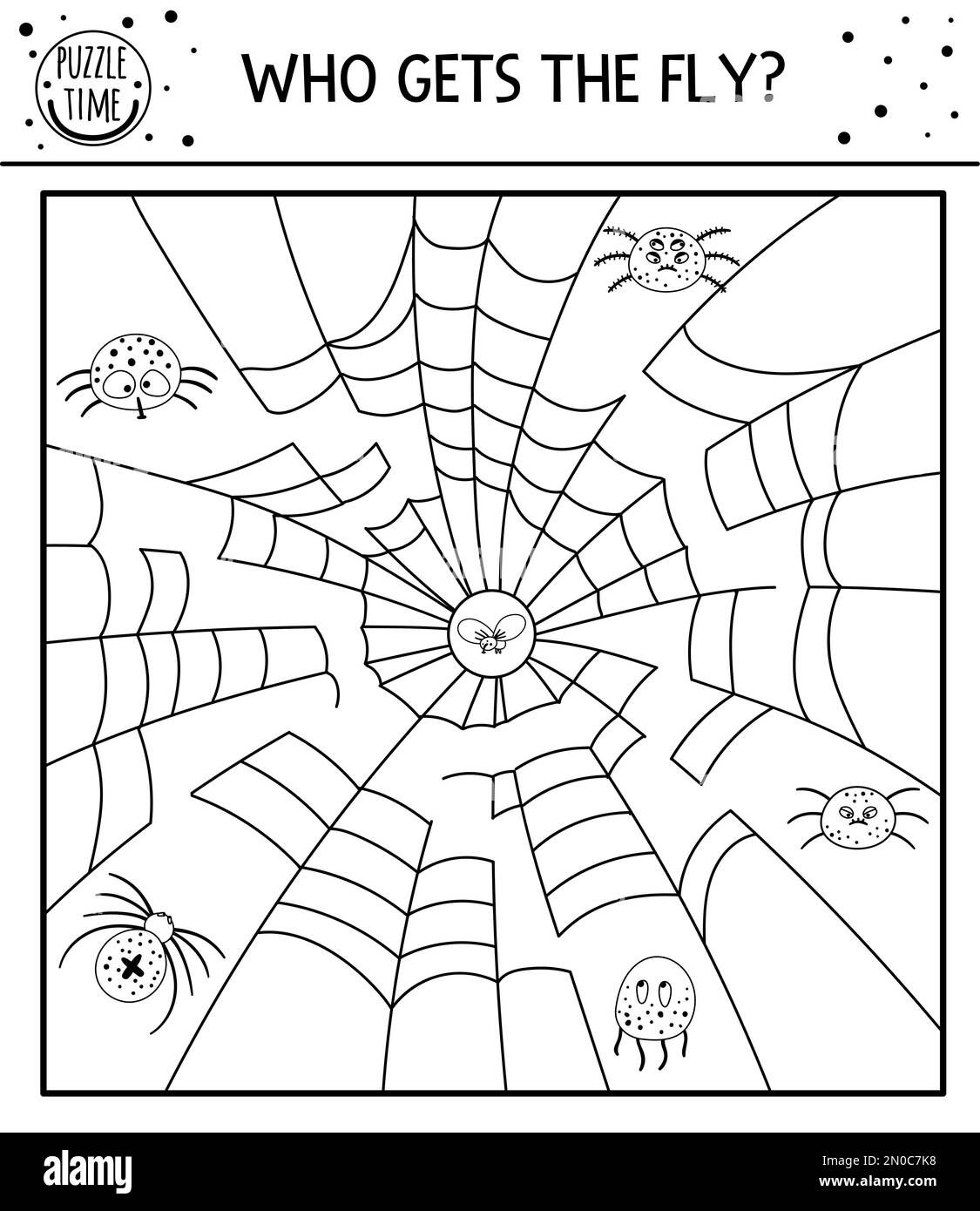 Halloween black and white maze for children. Autumn preschool printable educational activity. Funny day of the dead game or coloring page with spiders Stock Vector