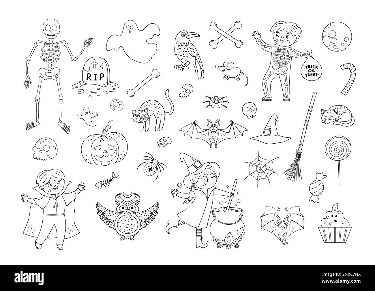 Big set of vector black and white Halloween elements. Traditional