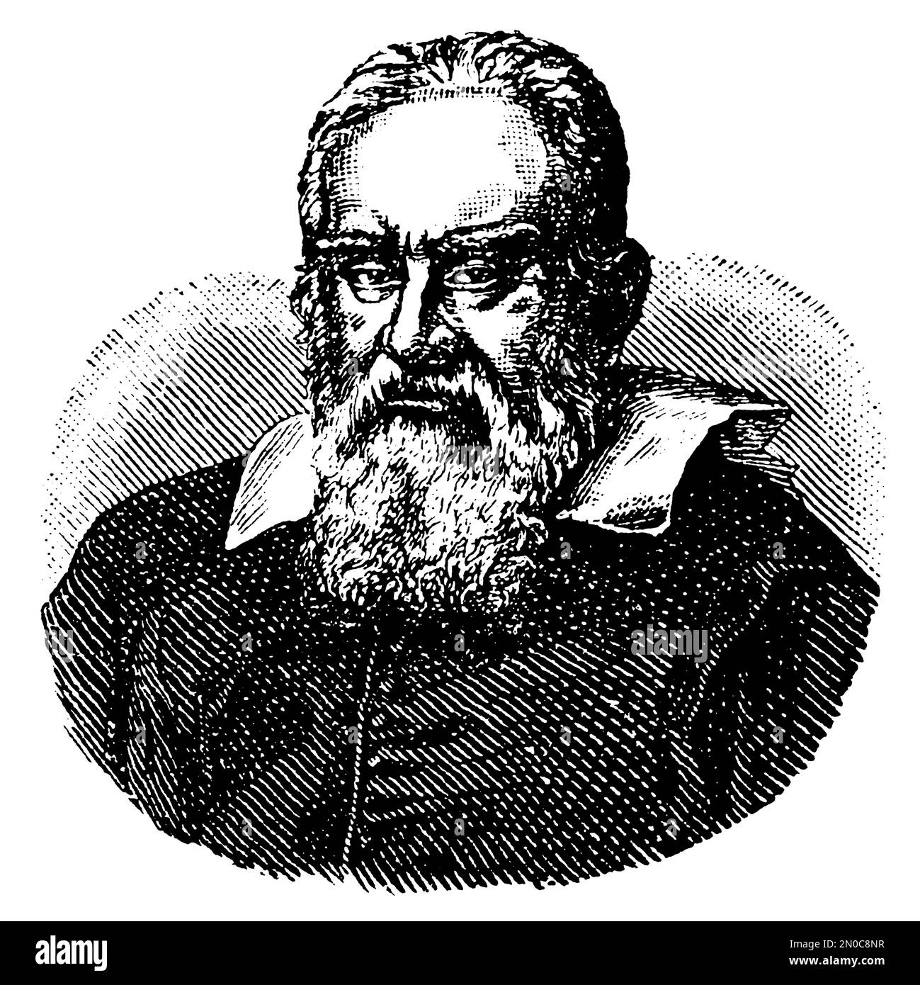 Antique engraving of a portrait of Galileo Galilei (isolated on white). Italian physicist, mathematician, astronomer, and philosopher. He was born on Stock Photo