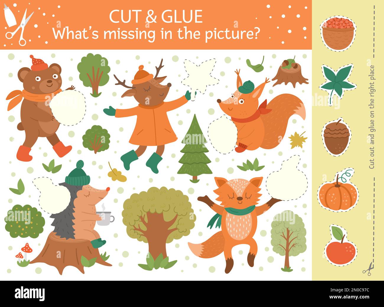 Vector autumn cut and glue activity. Fall season educational crafting game with cute forest animals. Fun activity for kids. What’s missing in the pict Stock Vector