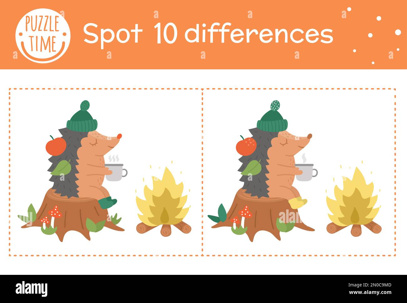 Autumn find differences game for children. Fall season educational activity with hedgehog sitting in a stump near the fire. Printable worksheet with f Stock Vector