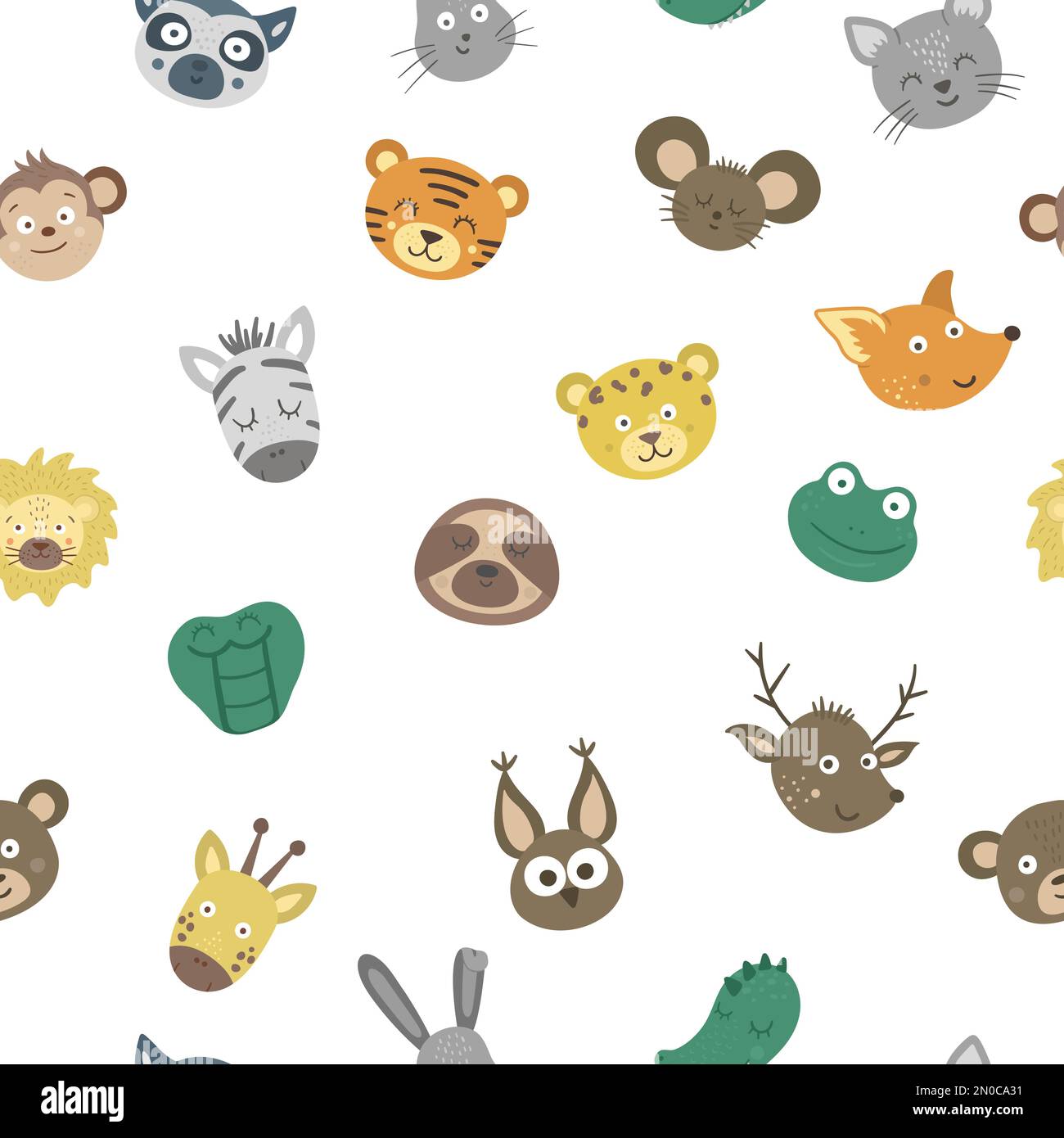 Vector seamless pattern with animal faces. Background with tropical and forest characters. Digital paper with emoji stickers. Heads with funny express Stock Vector