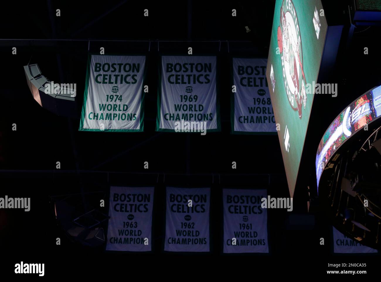 Boston Celtics championship banners during the first quarter of an NBA basketball game in Boston
