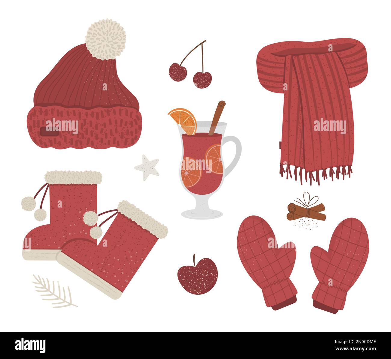 Winter red colored clothes set. Collection of vector clothing items for cold weather. Flat illustration of knitted warm sweater, earmuffs, mittens, bo Stock Vector