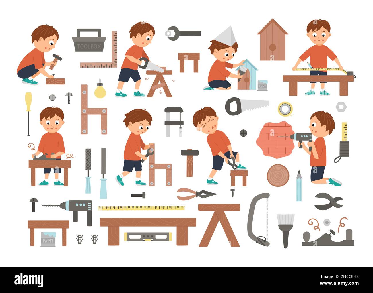 Vector set of boys doing carpenter, building or wood work and tools. Flat funny kid character sawing, nailing up, measuring, drilling a wall, screwing Stock Vector