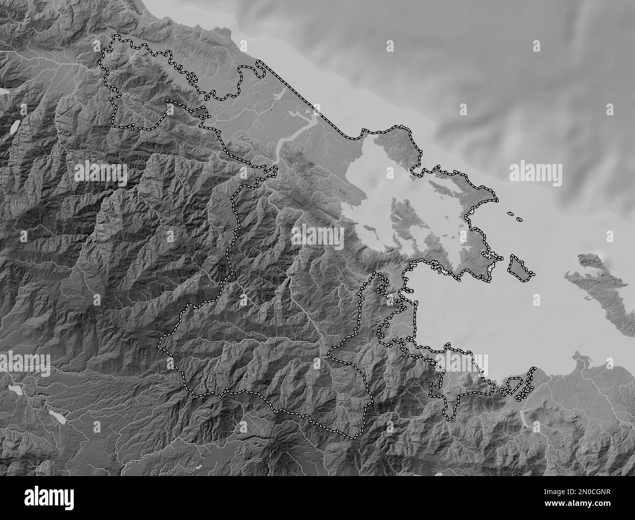 Bocas del Toro, province of Panama. Grayscale elevation map with lakes and rivers Stock Photo