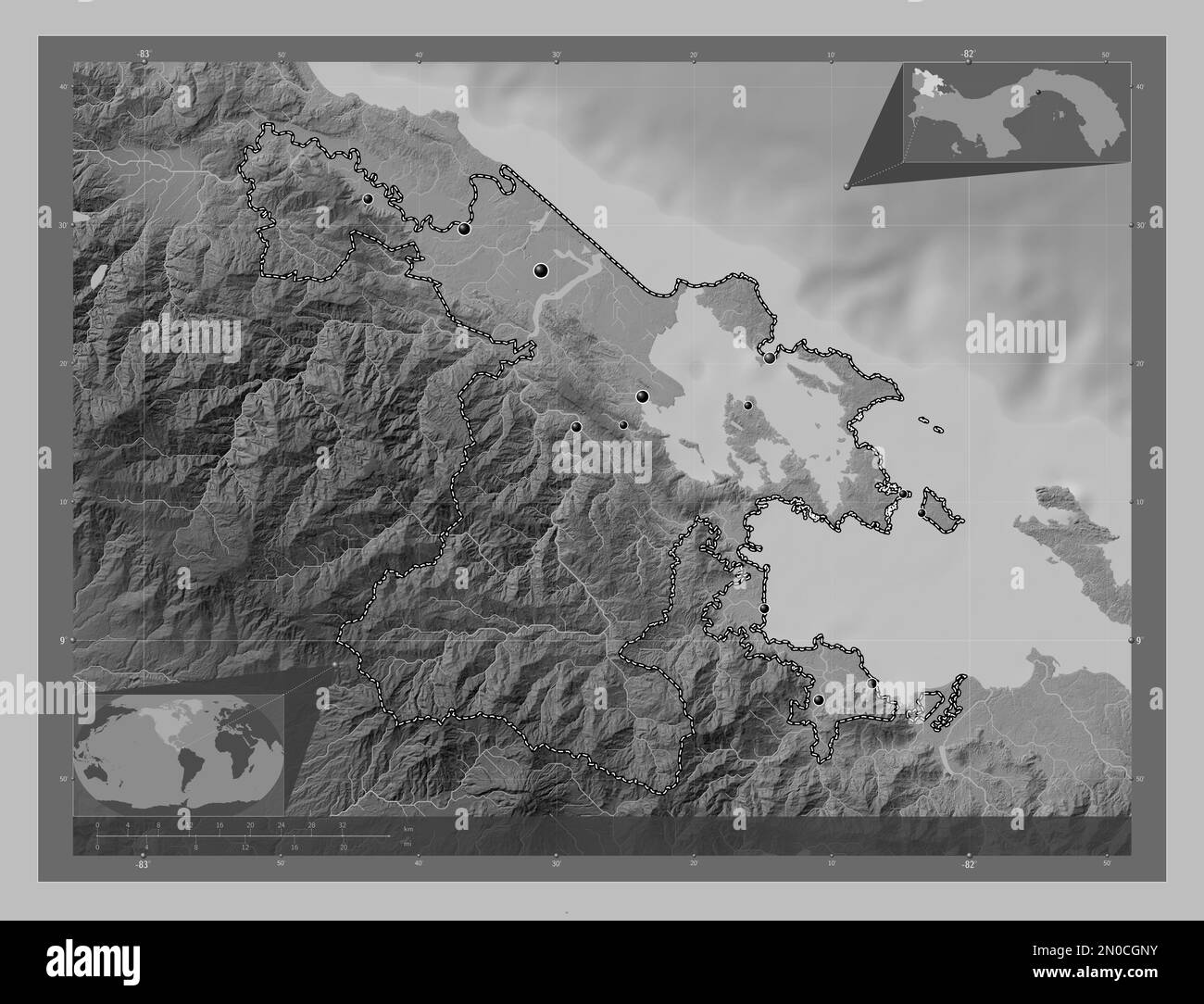 Bocas del Toro, province of Panama. Grayscale elevation map with lakes and rivers. Locations of major cities of the region. Corner auxiliary location Stock Photo