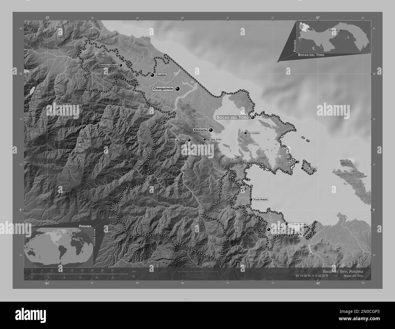 Bocas del Toro, province of Panama. Grayscale elevation map with lakes and rivers. Locations and names of major cities of the region. Corner auxiliary Stock Photo