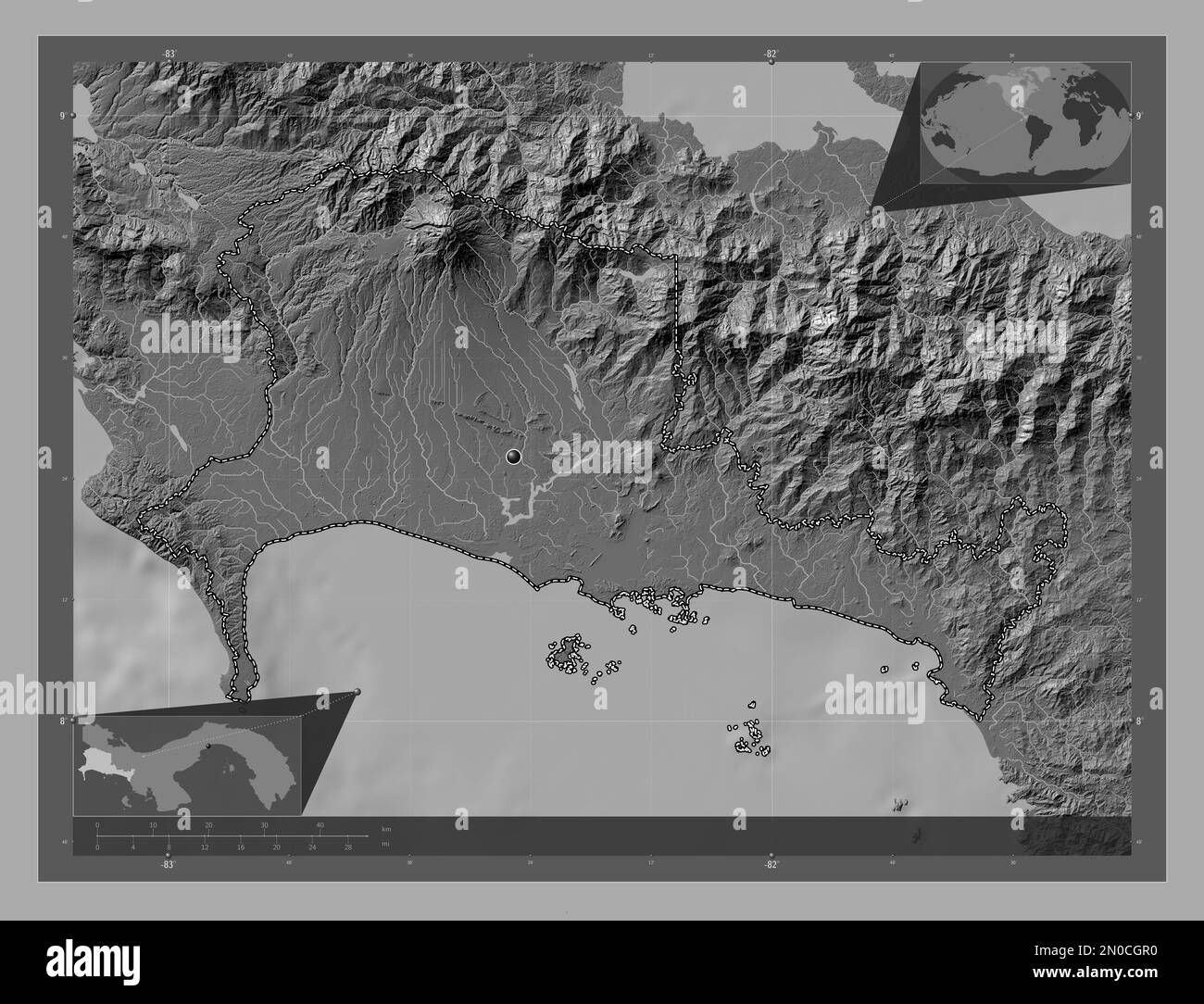 Chiriqui, province of Panama. Bilevel elevation map with lakes and