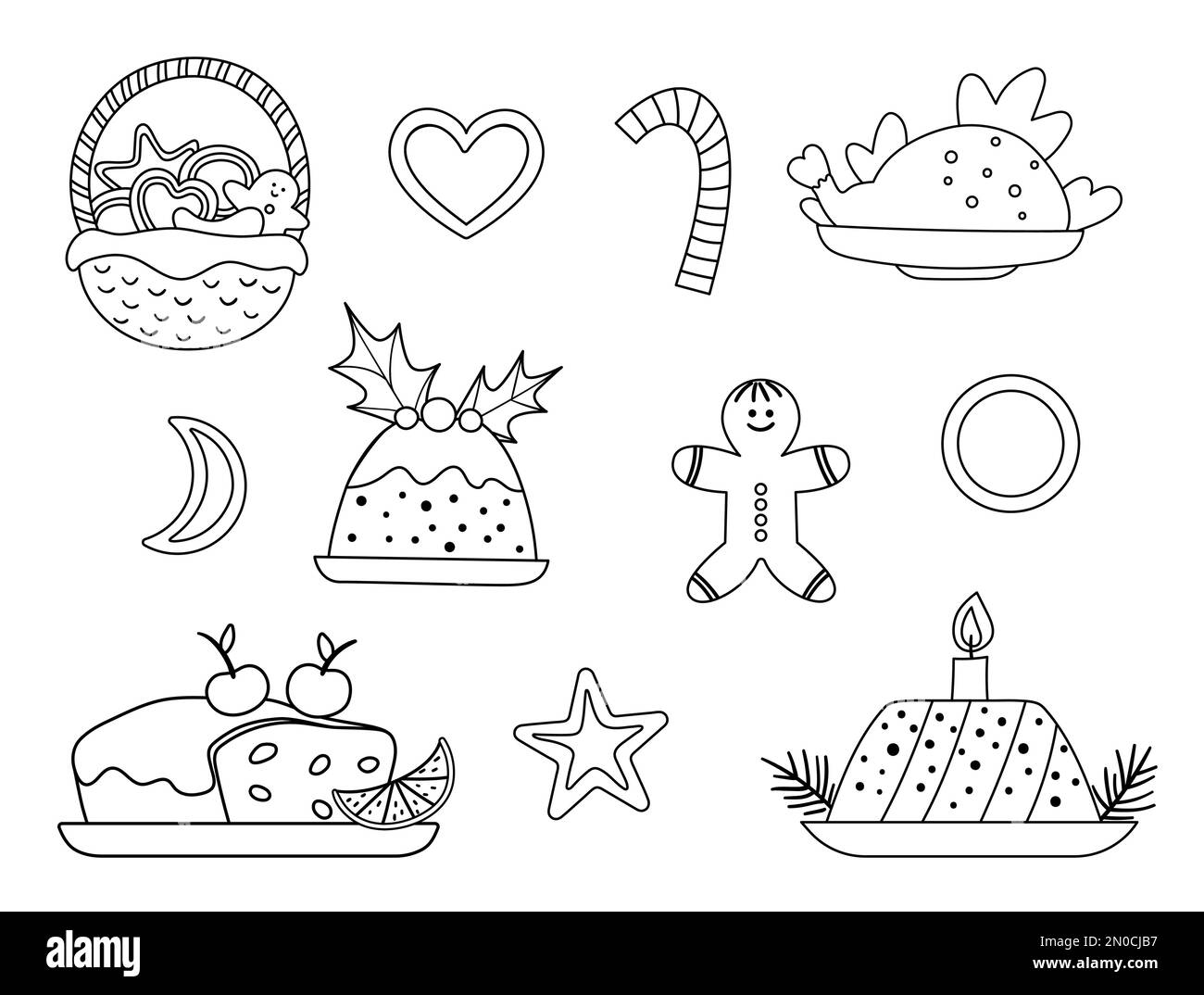 Vector black and white set of traditional Christmas desserts and dishes isolated on white background. Cute funny line illustration of new year meal. W Stock Vector