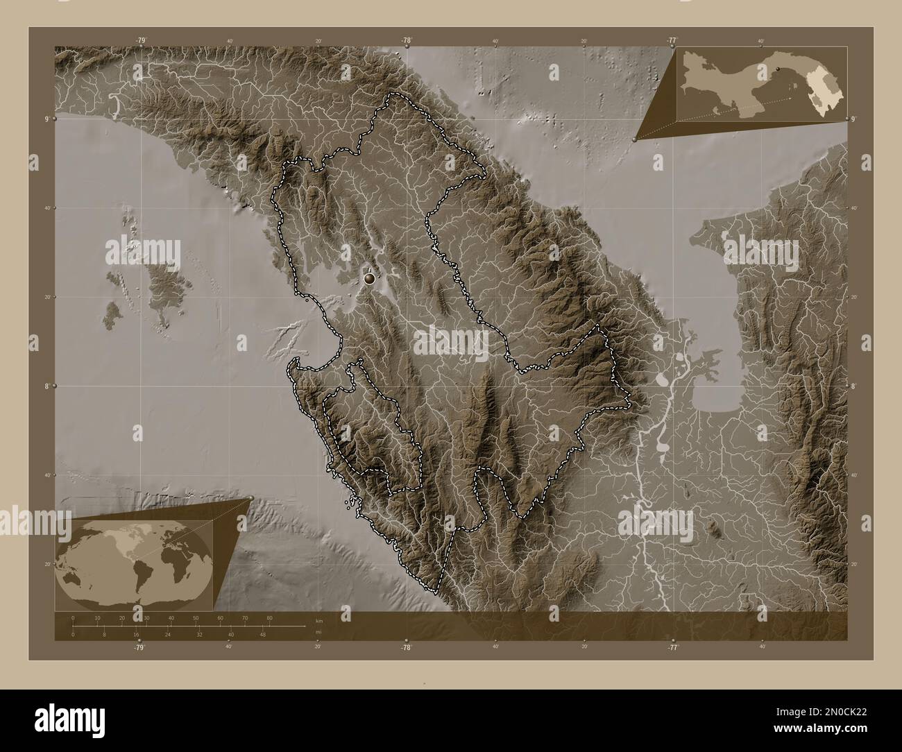 Darien, province of Panama. Elevation map colored in sepia tones with lakes and rivers. Corner