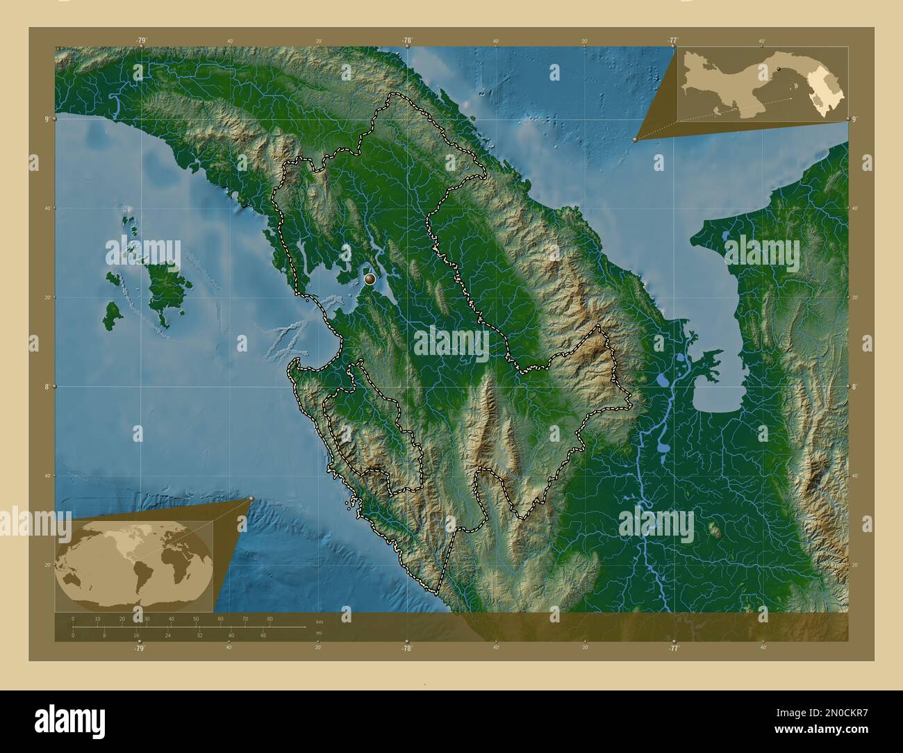 Darien, province of Panama. Colored elevation map with lakes and rivers. Corner auxiliary