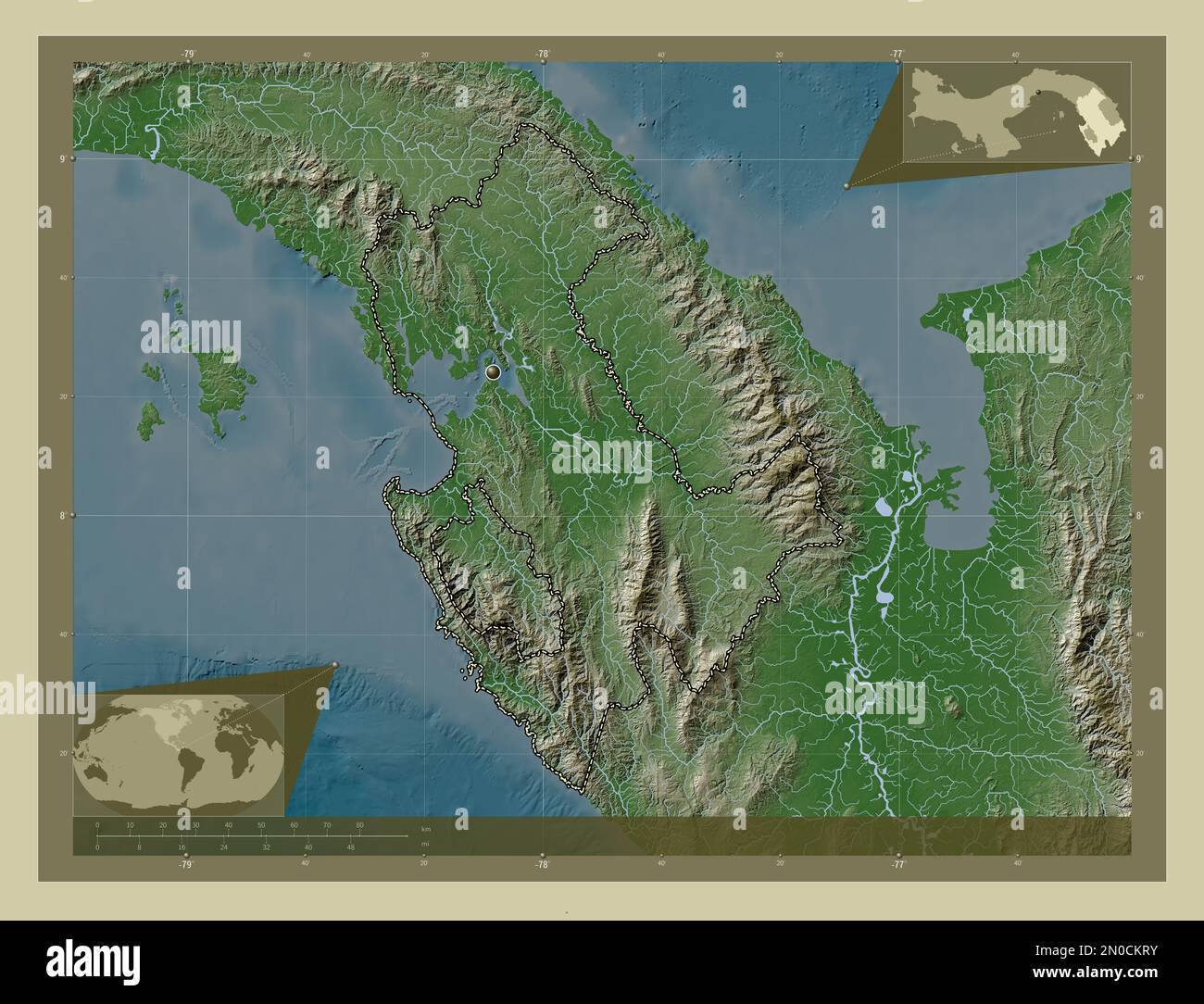Darien, province of Panama. Elevation map colored in wiki style with lakes and rivers. Corner