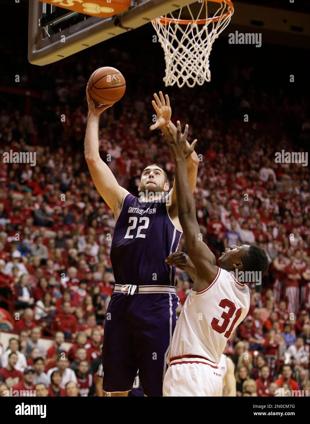 Northwestern's Alex Olah (22) puts against Indiana's Thomas Bryant (31