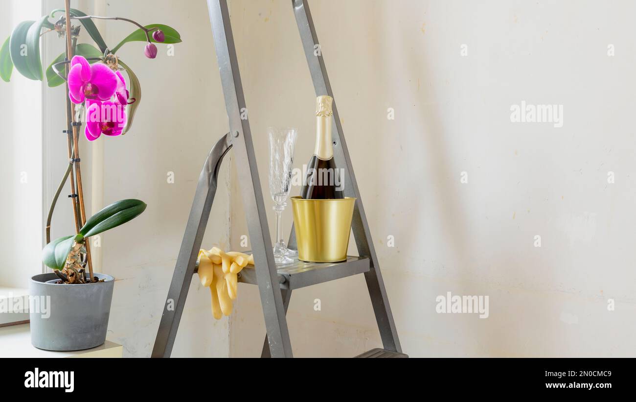Bottle of champagne and glasses on stepladder against an unpainted wall with potted orchid. Moving of young family. Mortgage concept. Real estate, mov Stock Photo