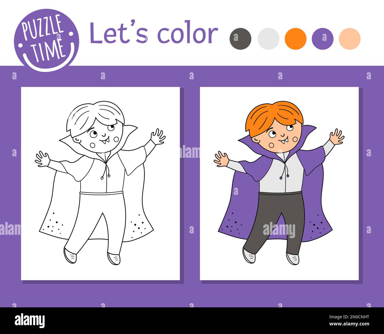 Halloween coloring page for children. Cute funny boy dressed like vampire. Vector autumn holiday outline illustration. Trick or treat dress party colo Stock Vector