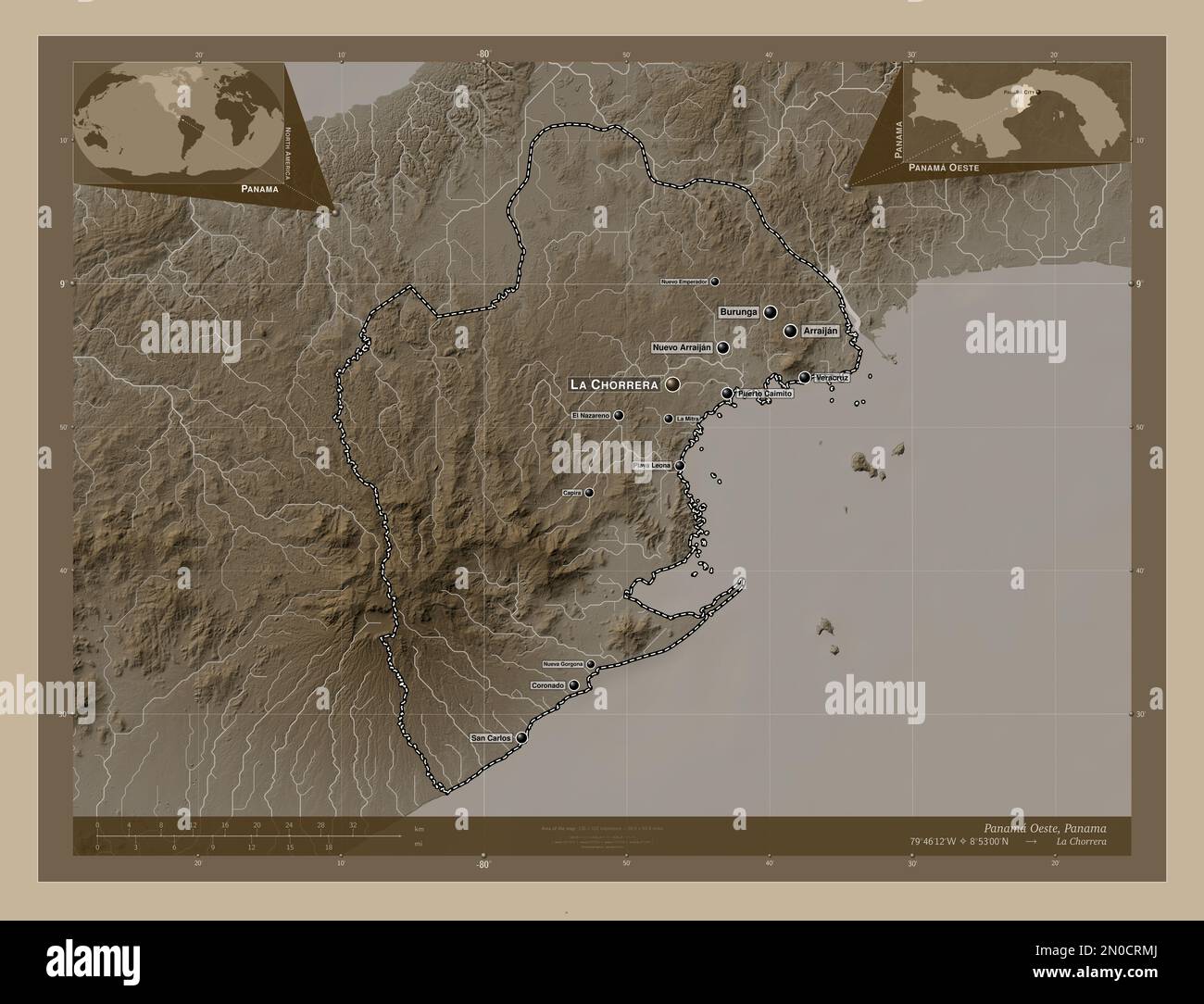 Panama Oeste, province of Panama. Elevation map colored in sepia tones