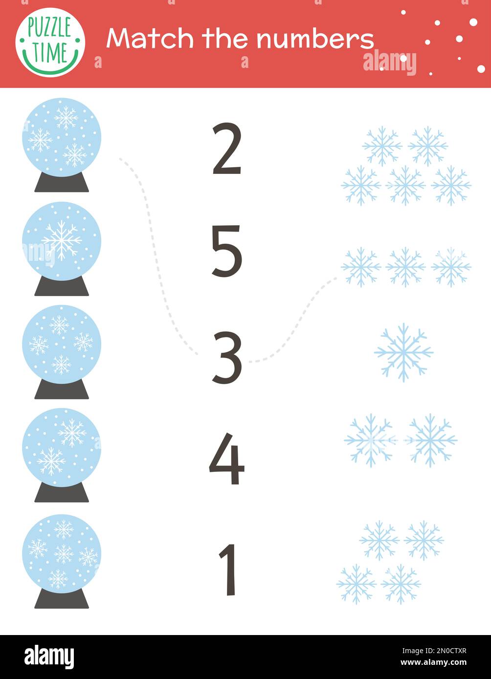Christmas matching game with snow globes and snowflakes. Winter math