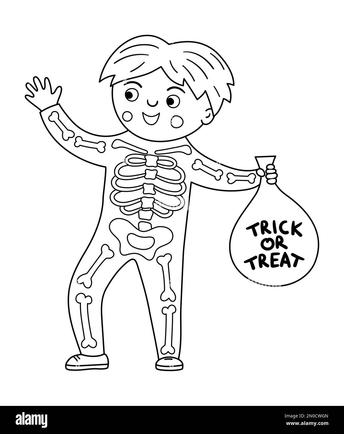 Boy dressed like a skeleton. Cute black and white vector Halloween kid