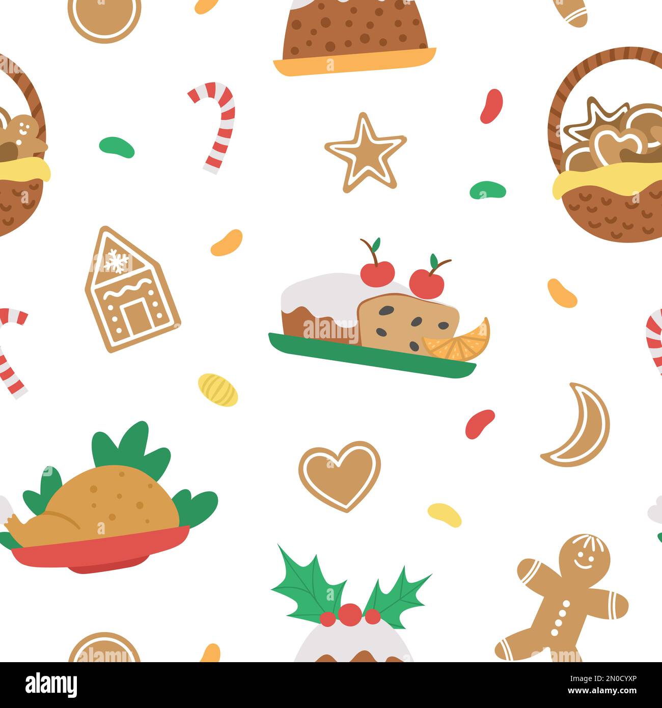 Vector seamless pattern with traditional Christmas desserts and dishes