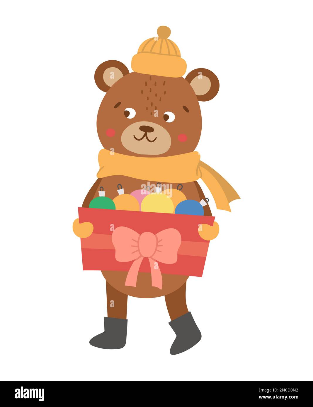 Vector bear in hat and scarf with box of Christmas balls. Cute winter ...