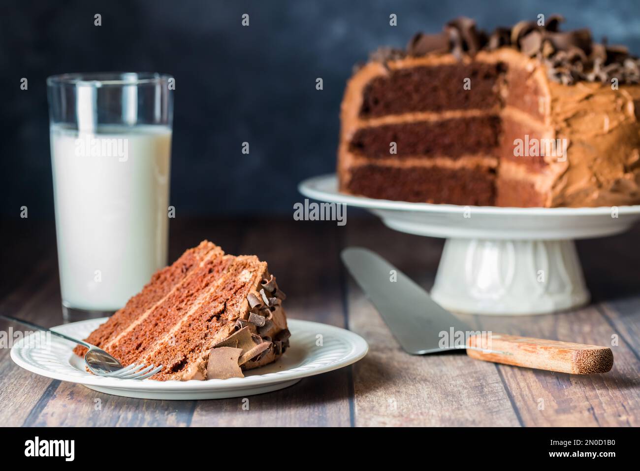 A slice of moist and delicious chocolate cake served with a cold glass of milk. Stock Photo