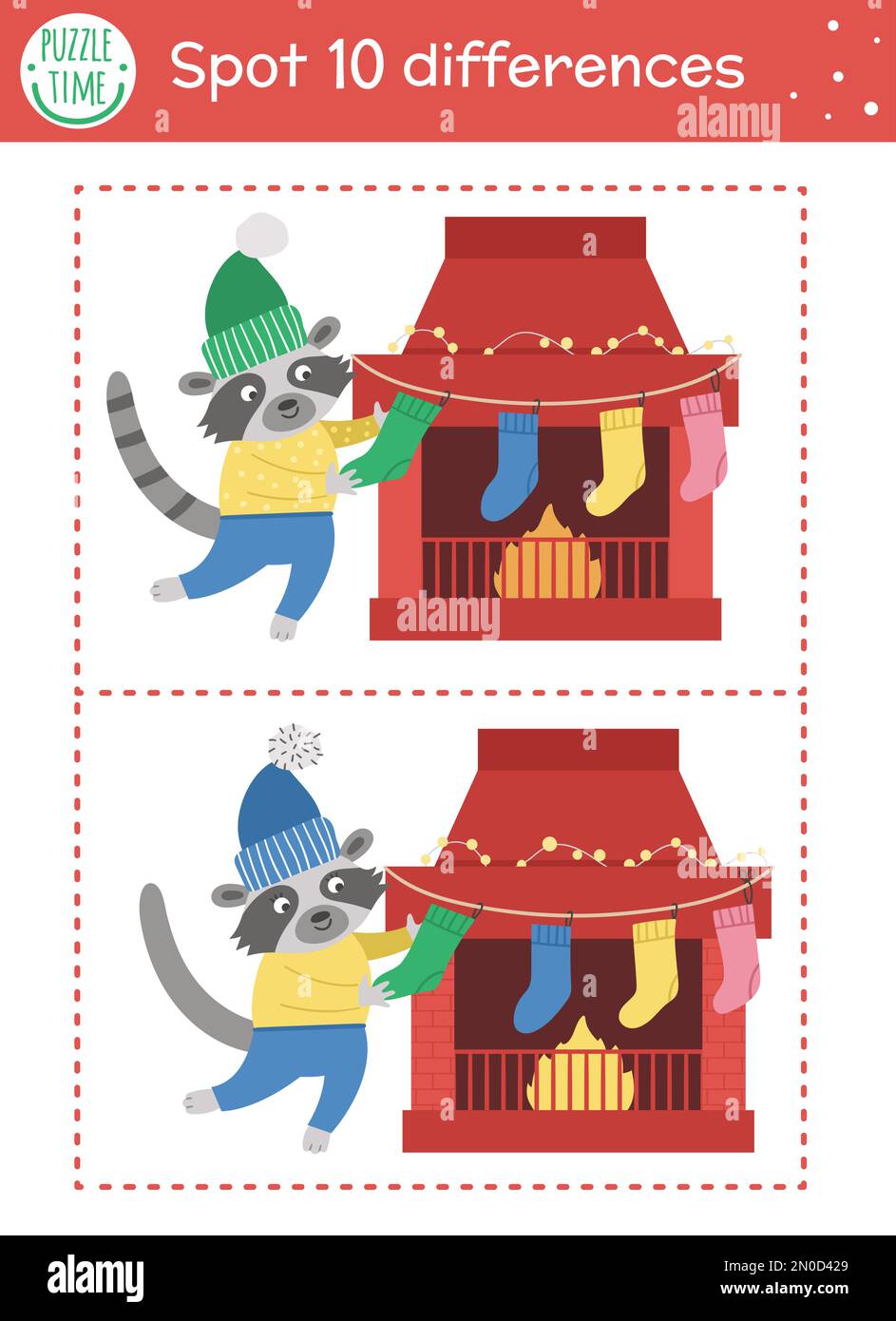 Christmas find differences game for children. Winter educational activity with funny raccoon decorating chimney with stockings. Printable worksheet wi Stock Vector