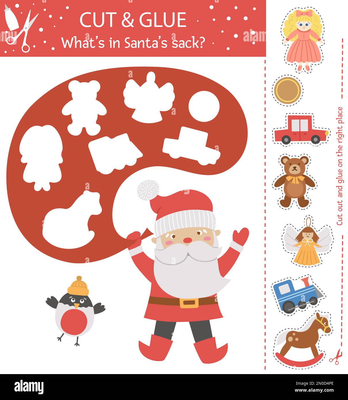 Vector Christmas cut and glue activity. Winter educational crafting game with cute Santa Claus, Bullfinch and toys. Fun activity for kids. What’s in S Stock Vector