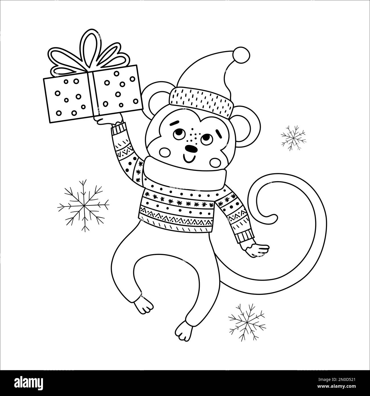 Vector black and white monkey in hat and scarf with gift box and