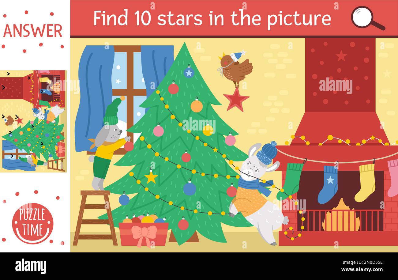 vector-christmas-searching-game-with-cute-animals-and-fir-tree-find-hidden-stars-in-the-picture-simple-fun-educational-winter-printable-activity-for-stock-vector-image-art-alamy
