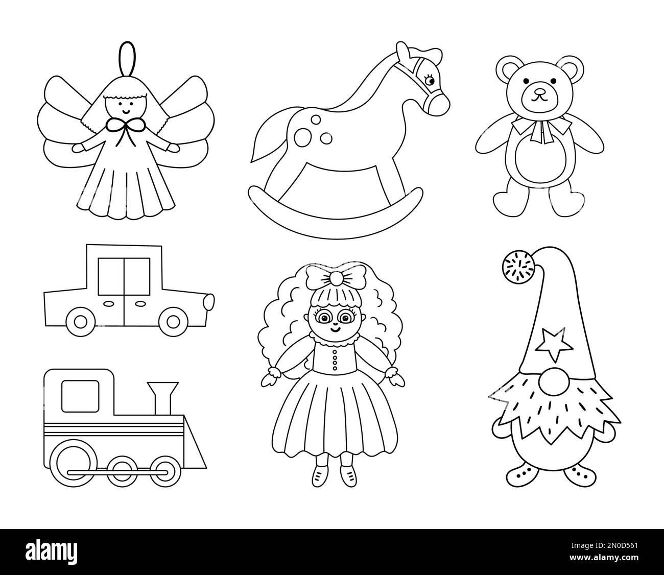 Cute Christmas black and white toys collection. Vector New Year line gifts for kids. Santa Claus presents for children. Rocking horse, Teddy bear, dol Stock Vector