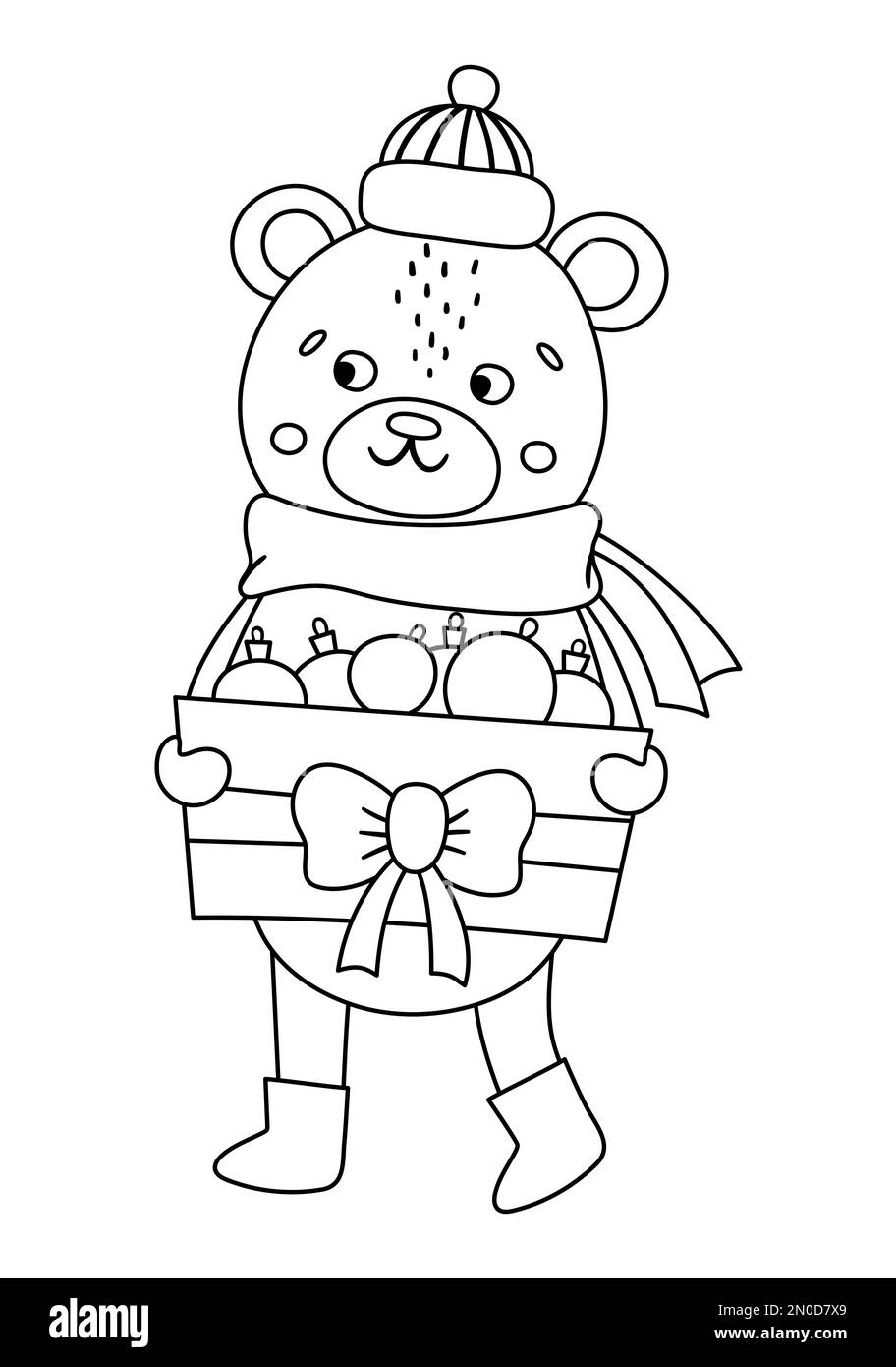 Vector black and white bear in hat and scarf with box of Christmas balls. Cute winter animal illustration with decorations for fir tree. Funny Christm Stock Vector