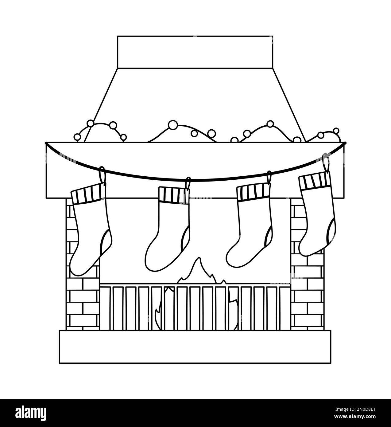 Cute black and white chimney with stockings. Christmas illustration of fireplace with socks with presents. Winter line icon. New Year print or colorin Stock Vector